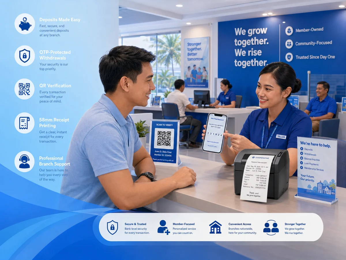 Filipino branch staff and member completing an OTP-protected cooperative transaction