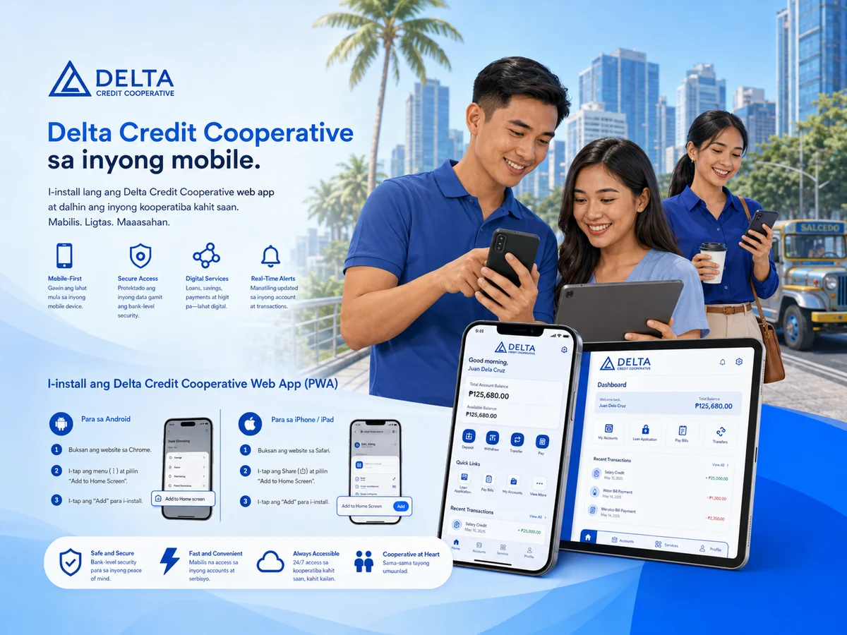 Filipino members using the Delta Credit Cooperative web app on mobile devices